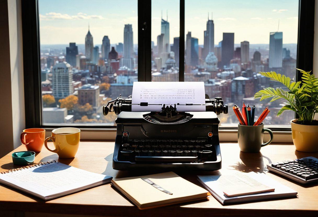 A cozy workspace with a typewriter and open laptop, surrounded by pencils and notebooks, symbolizing content creation. In the background, graphs and SEO keywords gracefully overlaying a vibrant city skyline, representing growth and strategy. Soft sunlight streaming through a window adds warmth to the scene. A cup of coffee beside the workspace signifies inspiration. super-realistic. vibrant colors. warm tones.