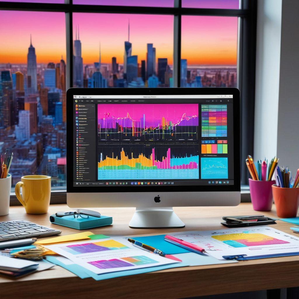 A modern workspace showcasing a digital content creator's desk with a laptop displaying vibrant graphs and analytics, sticky notes with creative ideas scattered around, a mug filled with colorful pens, and a bright window revealing an urban skyline. Emphasize the energy of creativity and the digital influence on visibility. super-realistic. vibrant colors. 3D.